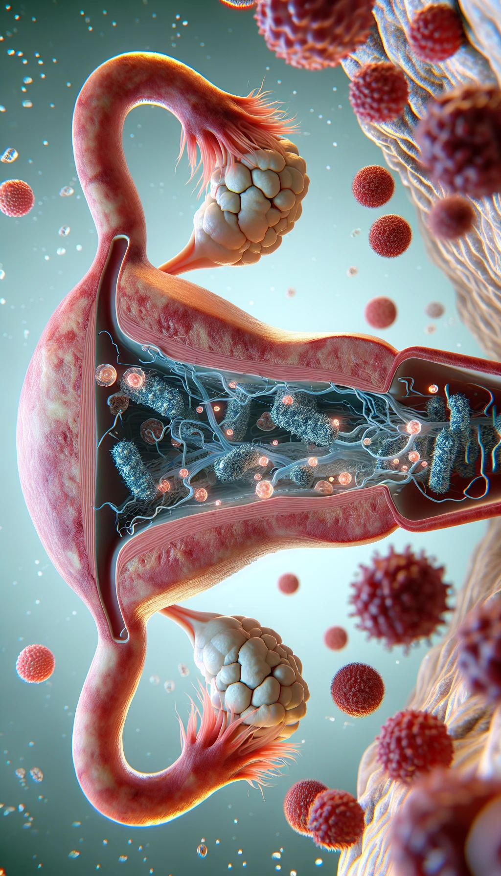 corpo umano anatomico con batteri come la candida nell'utero, sfondo neutro chiaro, iperrealistico 4k emoji