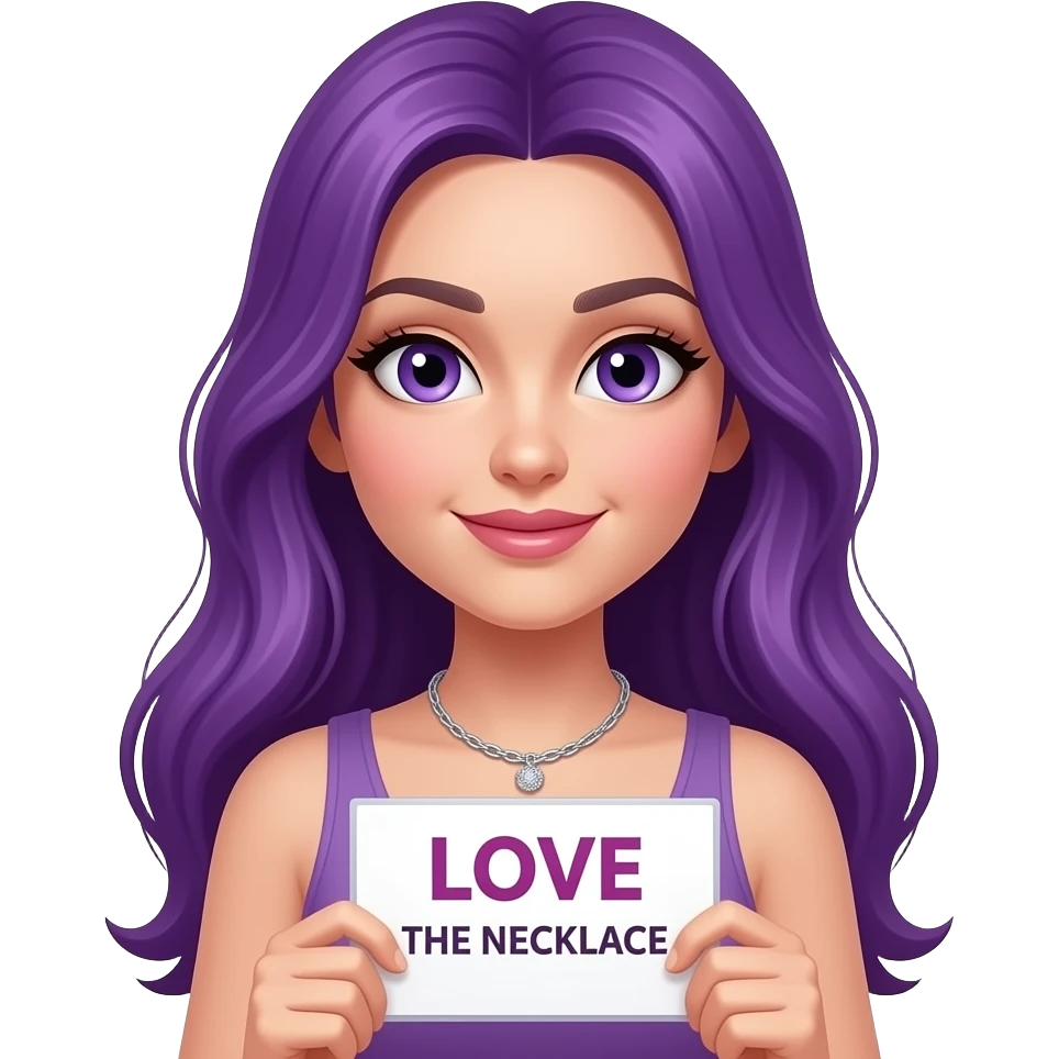 sexy girl with long purple hair and purple eyes holding a LOVE THE NECKLACE sign emoji