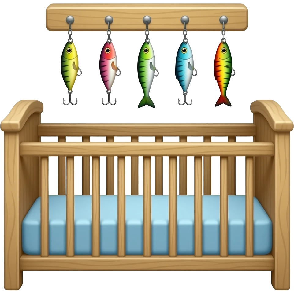 a babys crib with a bunch of fishing lures hanging above it from the ceiling emoji