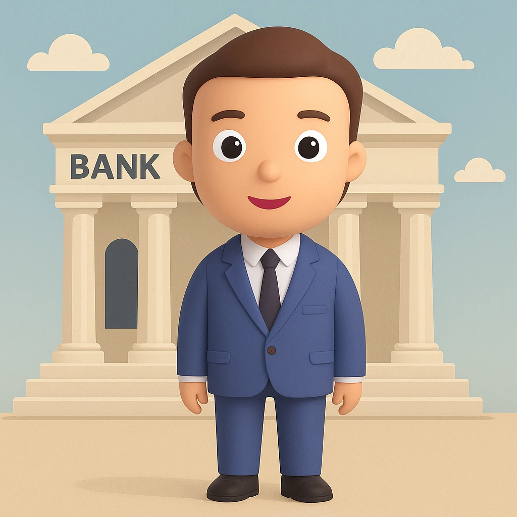 Add a bank building background to the bank manager in a general style, versatile and adaptable to any look. emoji