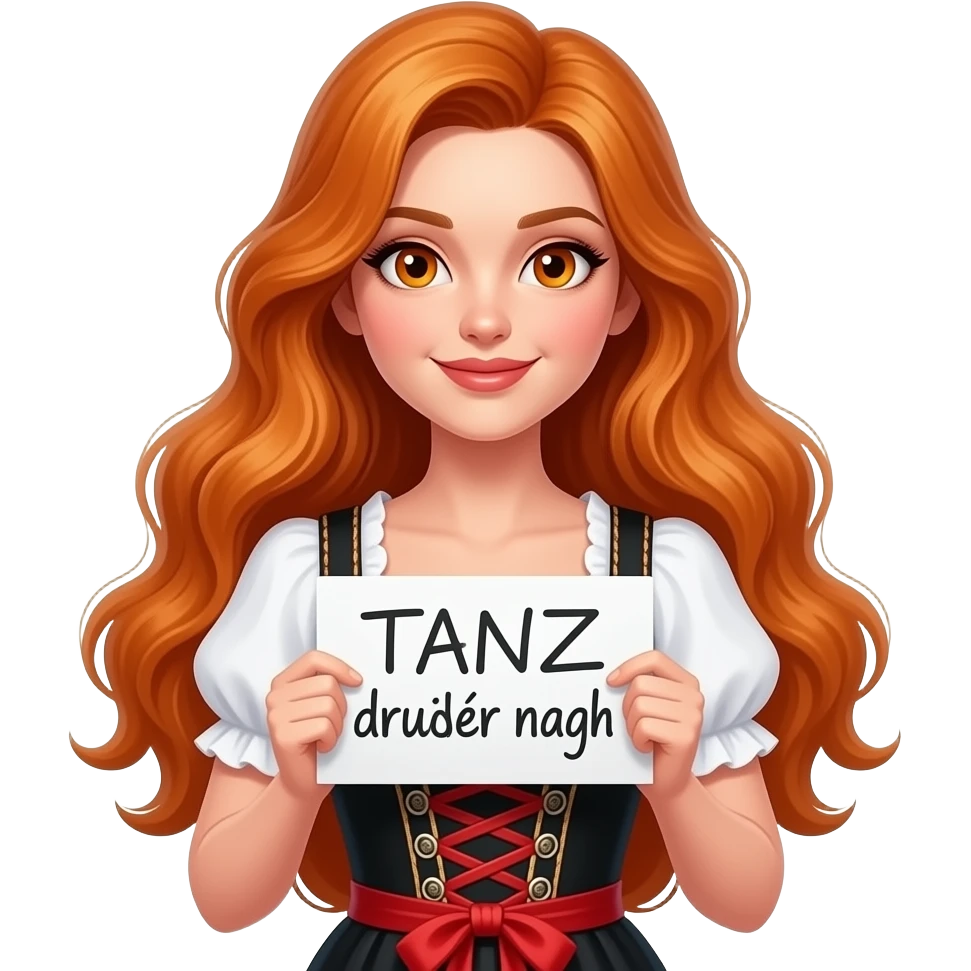 sexy girl with overlong ginger hair and ginger eyes wearing a dirndl holding TANZ mal drüber nach sign emoji