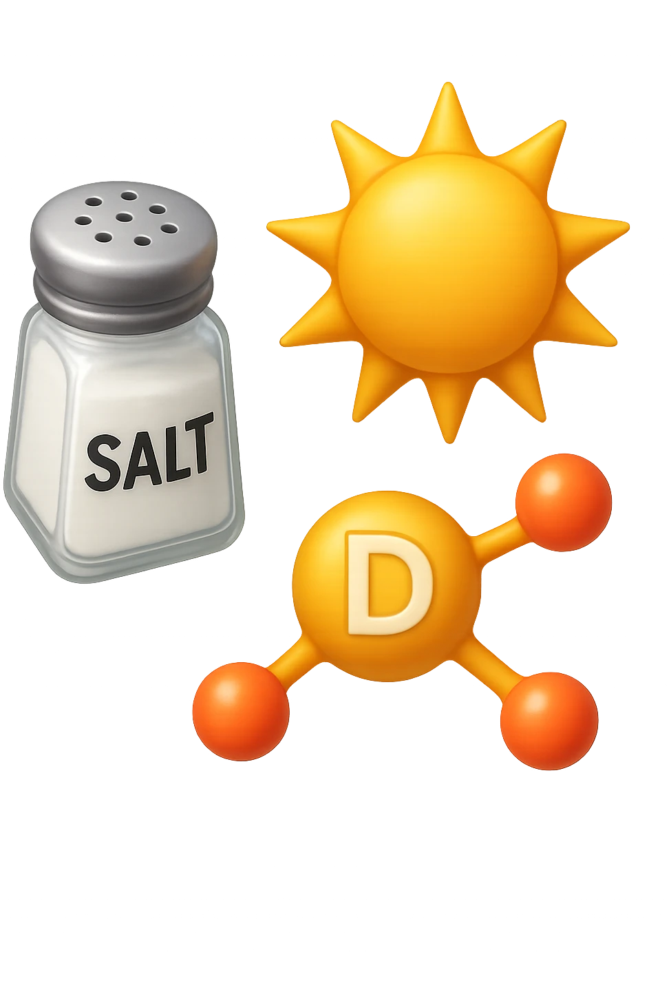 emoji stile iphone di una boccetta di sale, un sole, una particella chimica di VITAMINA D, IPERREALISTICO 4K emoji