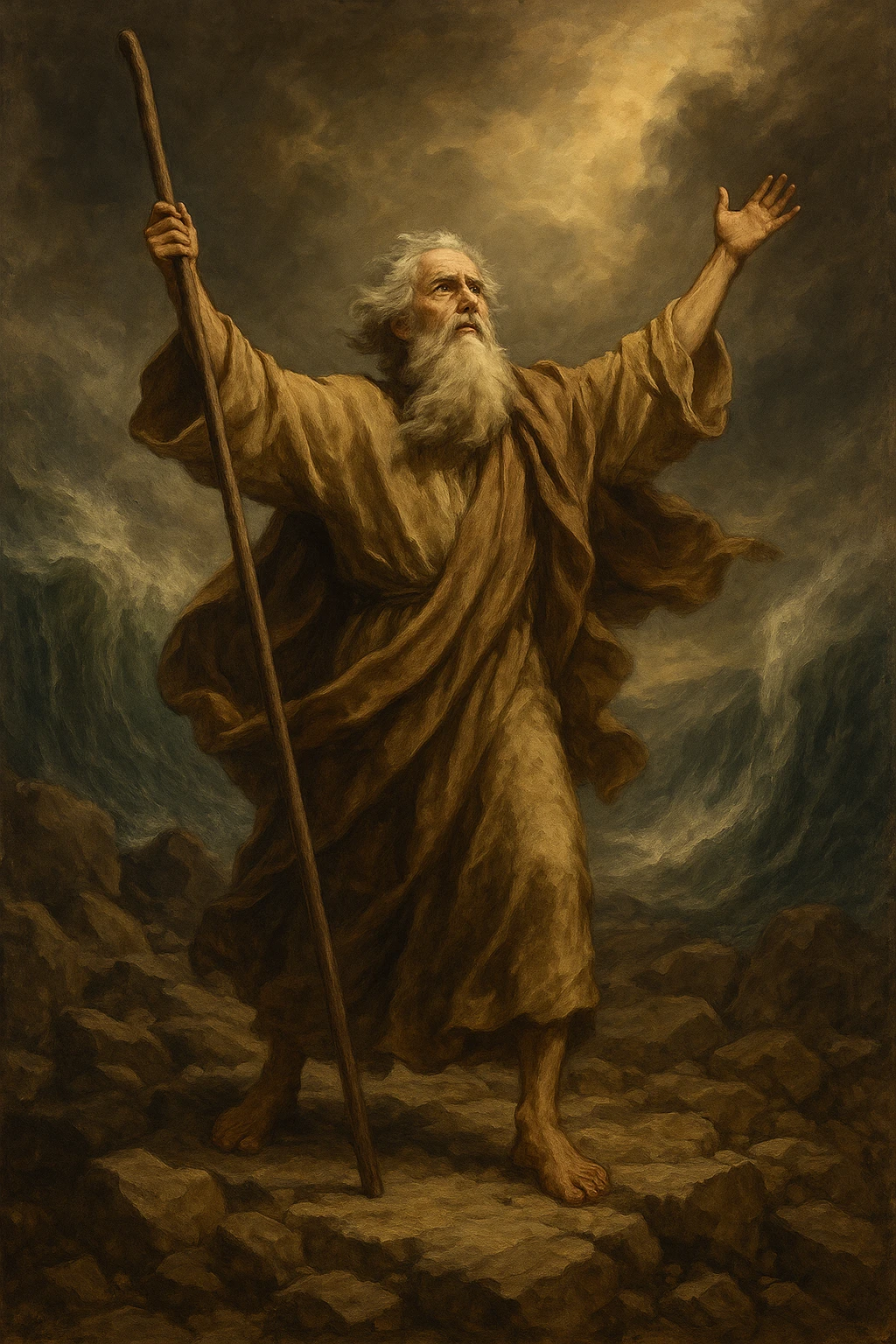 Moses with a long rod, arms raised, wind blowing his robe, rocky terrain, spiritual atmosphere emoji