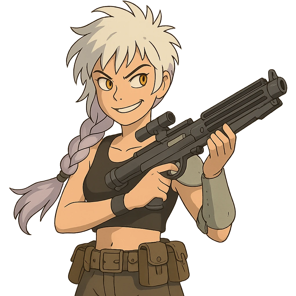1 FEMALE, GOLD YELLOW EYES, WHITE HAIR LAVENDER TIPS, MESSY LOCKS BANGS MOHAWK, LONG BRAID, small black sports tank top, a single large light gray shoulder pad, tactical belt with many pouches, HOLDING A STORMTROOPER'S E11 BLASTER RIFLE, BRANDISHING, mischevious GLARE, style of star wars original character emoji