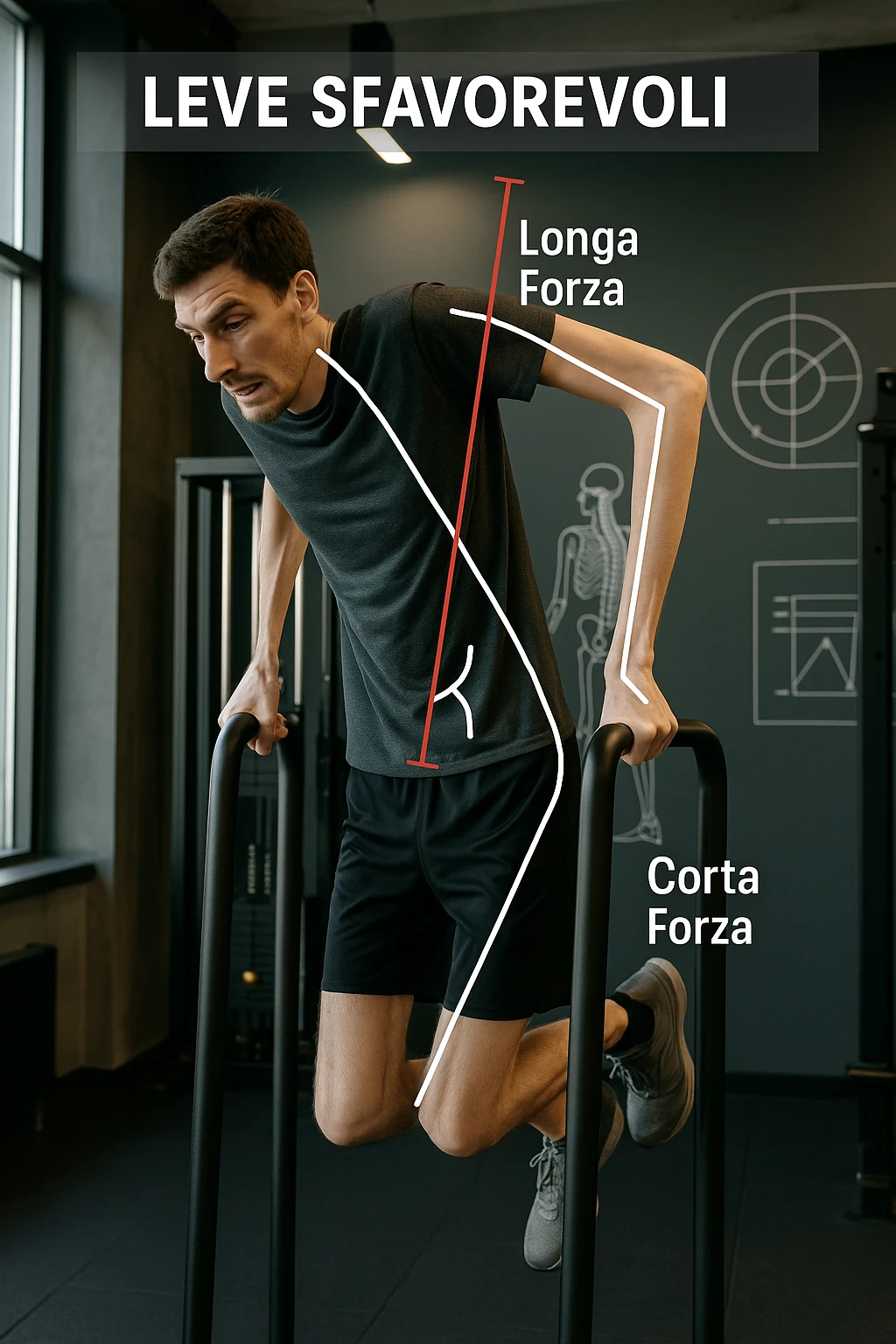 a tall, lean man with very long arms and a short torso attempts a dip on parallel bars. His elbows are deeply bent and his body appears awkwardly positioned, highlighting the mechanical disadvantage. An overlay shows anatomical lines and angles, with labels explaining “Leve Sfavorevoli” The background is a modern gym, with a focus on biomechanics. emoji