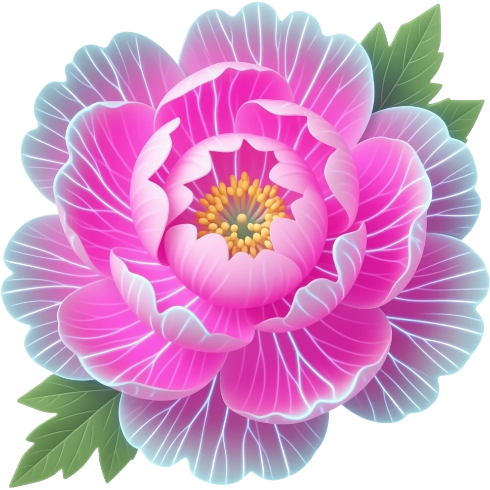 A lush, 3D Peony Emoji with petals that glow with an internal neon pink light. Fine electric-blue veins run through the petals, surrounded by floating golden sparkles. Isolated on a black background for maximum glow effect emoji