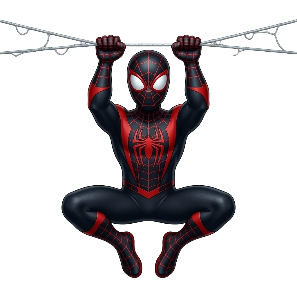 Spiderman miles morales wearing his mask in his black and red suit hanging upside-down holding the web string with both hands with his mask on emoji