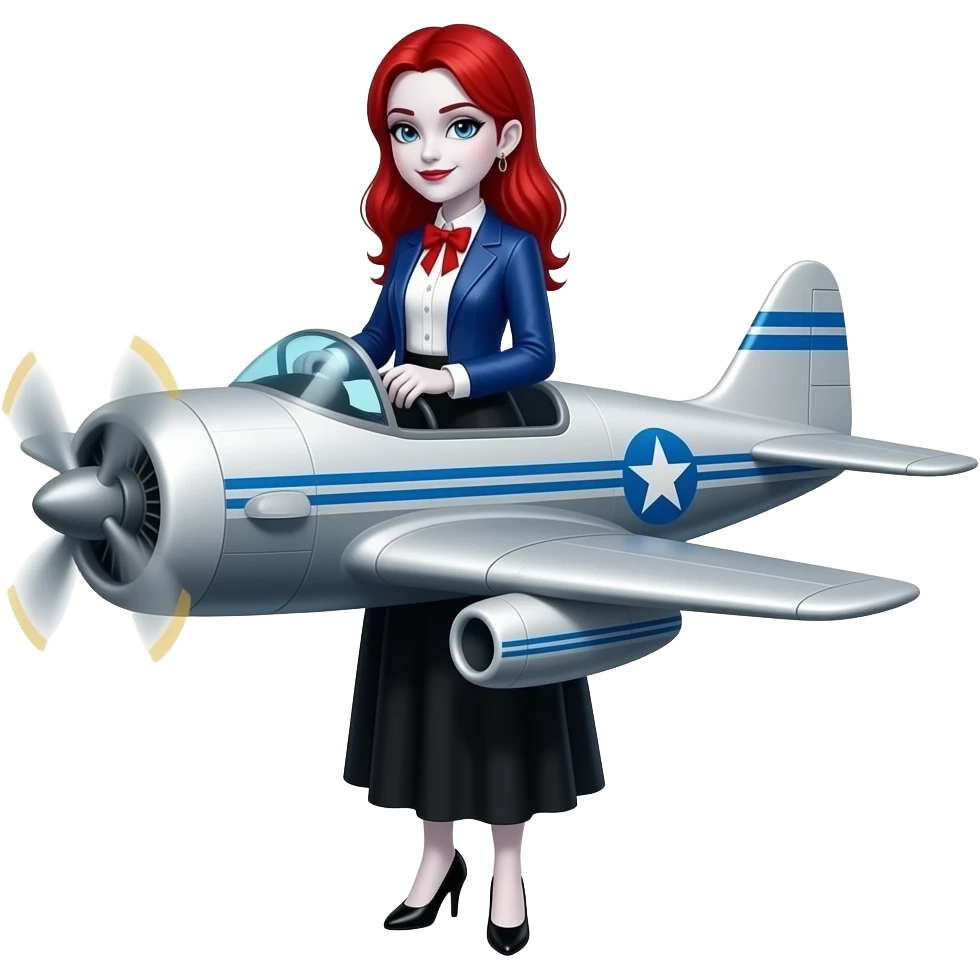 Vampiro femmina ADOLESCENTE con pelle bianca e capelli rossi indossa una gonna lunga fino alle ginocchia nera, una camicetta bianca, una giacchetta blu un fluourard rosso corto legato al collo e dei tacchi neri che guida un aereo emoji