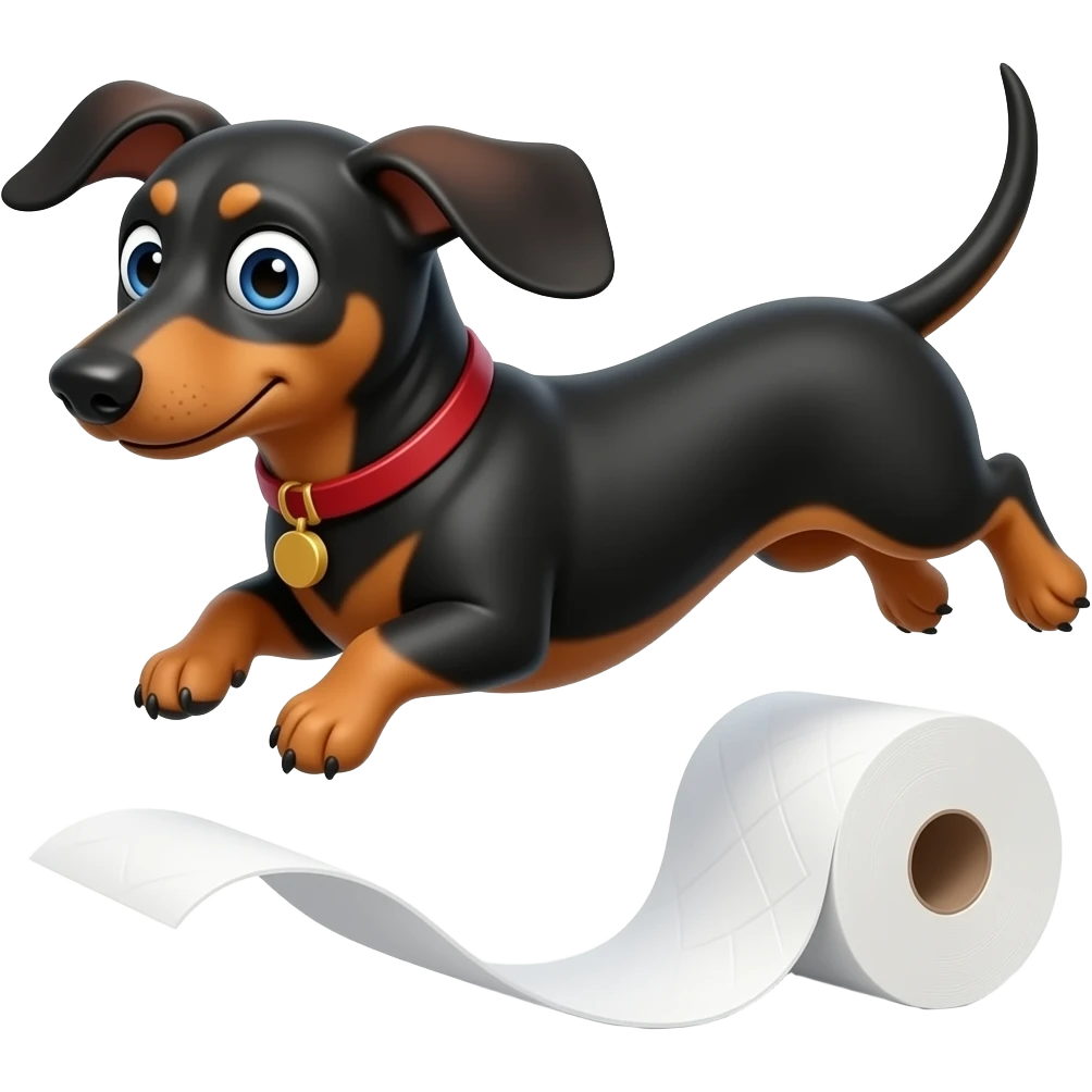 whimsical dachshund wide eyes full body jumping over toilet paper emoji