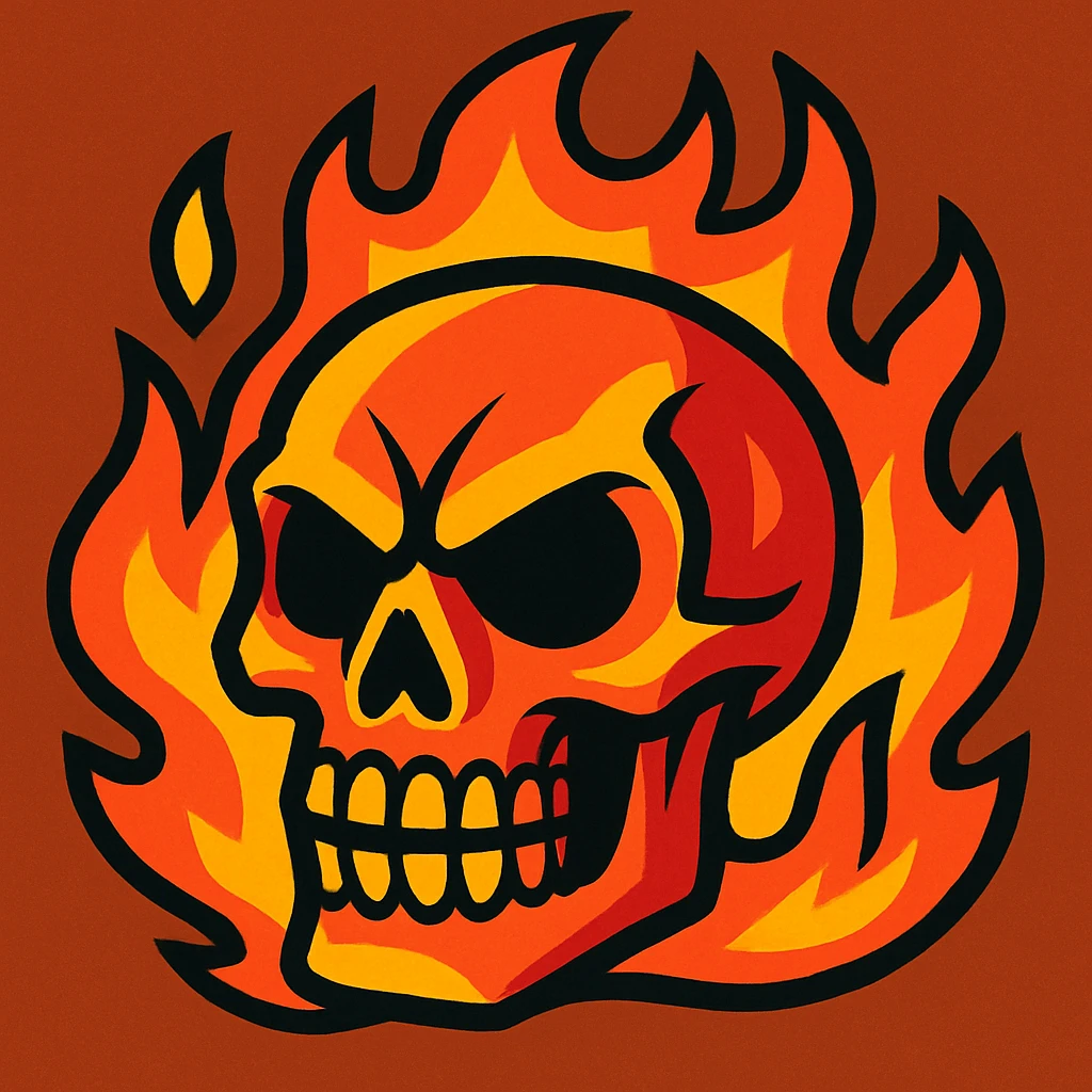 skull surrounded by fire, intense, bold colors, stylized emoji
