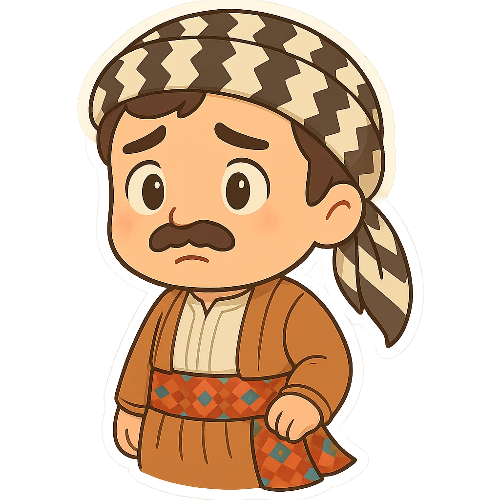 Create a chibi Kurdish cartoon sticker based on the reference image, showing a worried (concerned) expression, with a transparent background. emoji