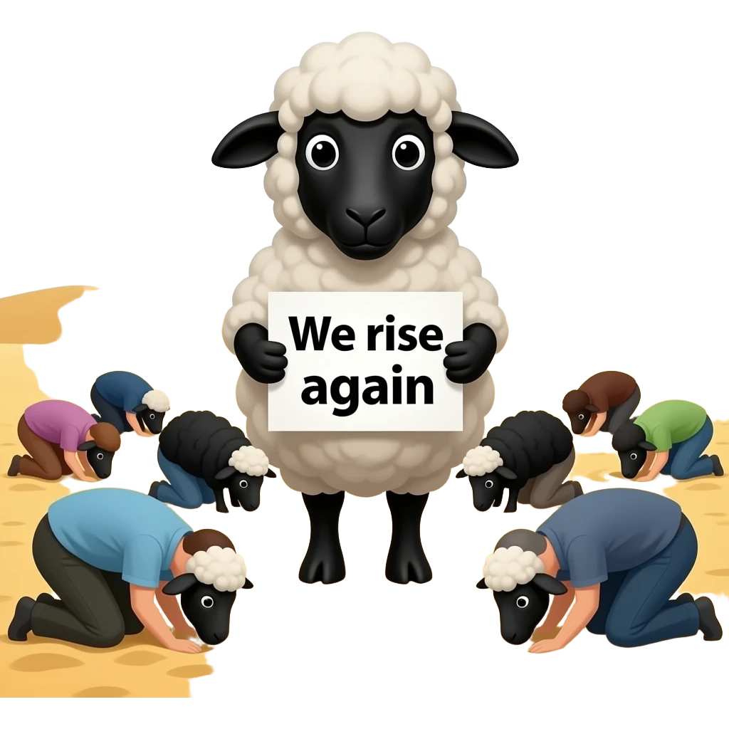 Black sheep with a sign saying “We rise again” with a black flock around the main guy. but behind the flock is people burying their heads in the sand. make the sand more noticeable emoji