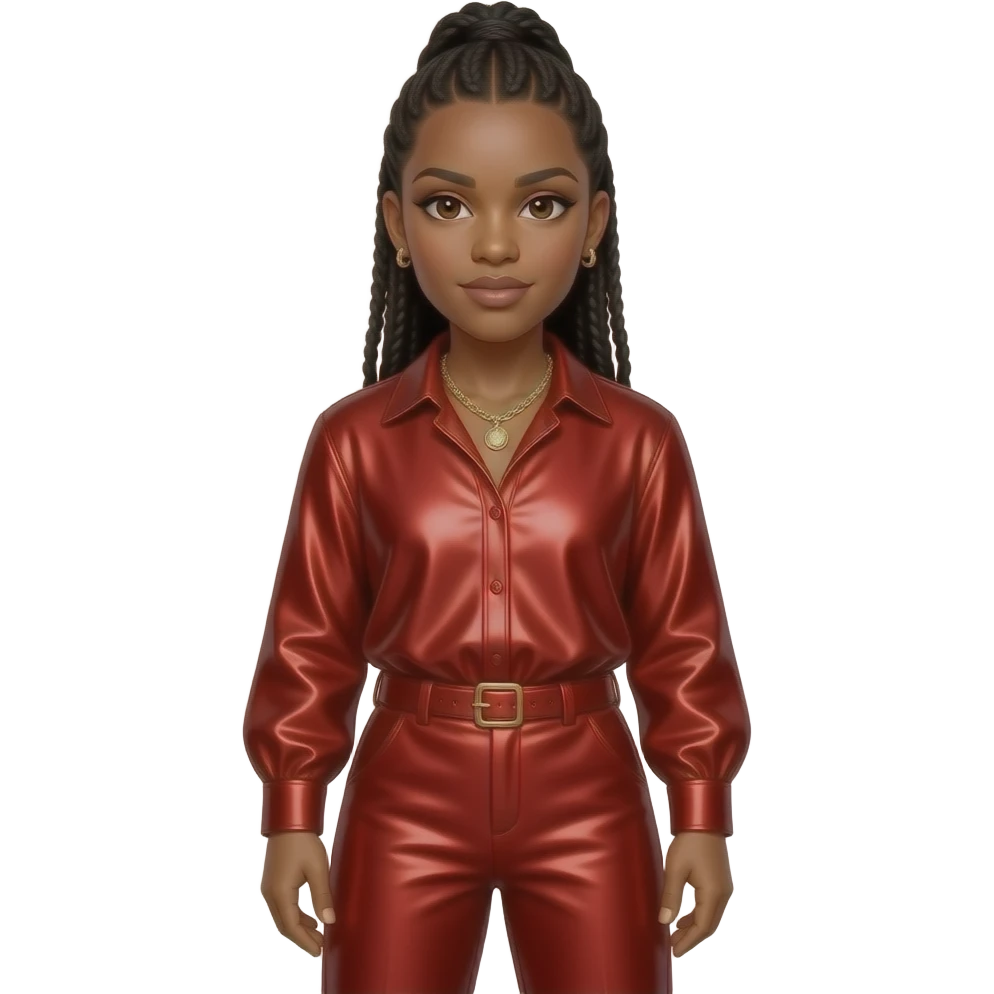 Bobby Brown with dark brown eyes, long black high top fade hair, red metallic blouse, red metallic long baggy pants, necklace and earrings emoji