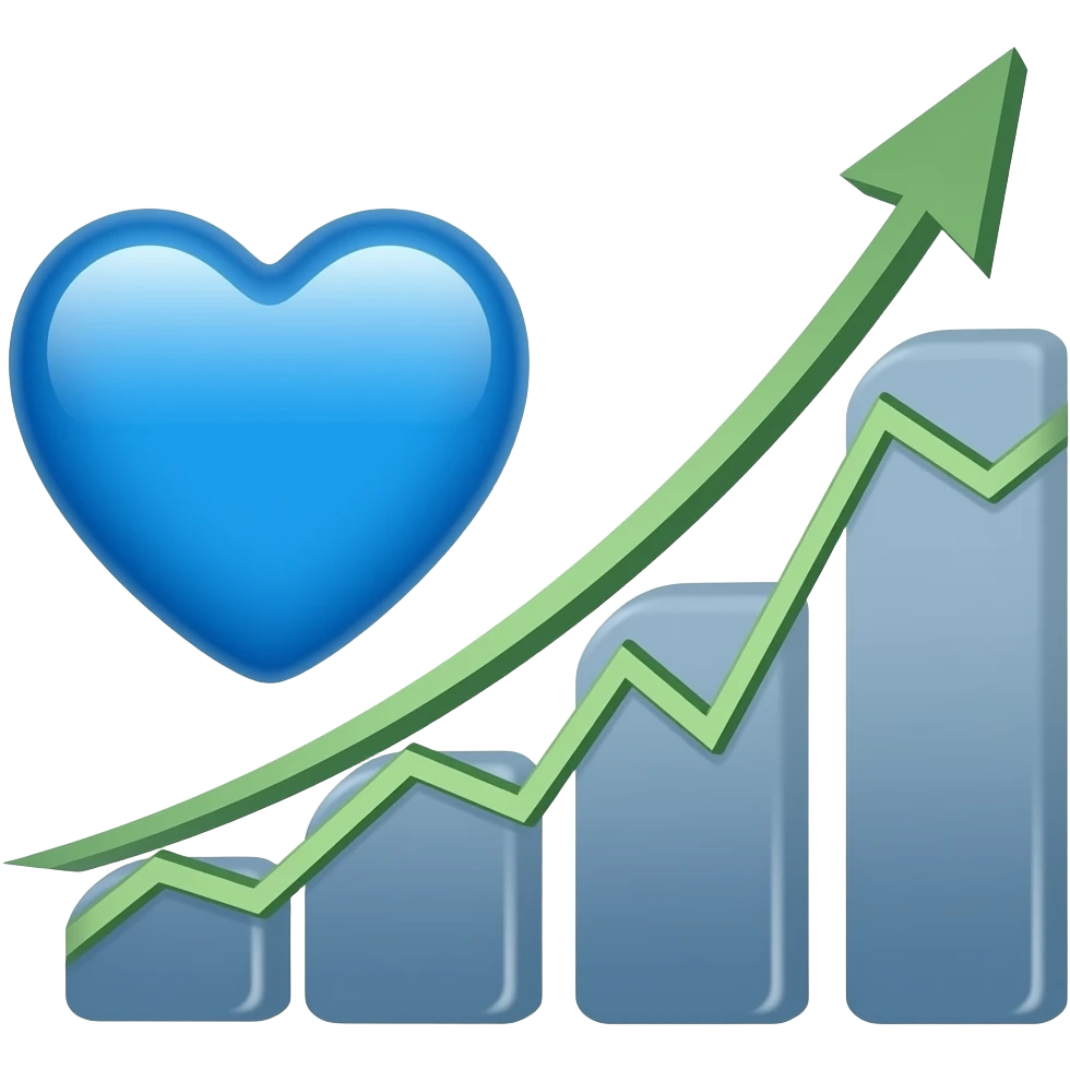 On the left: a whole blue heart. On the right: a growing economic chart in the form of an arrow emoji