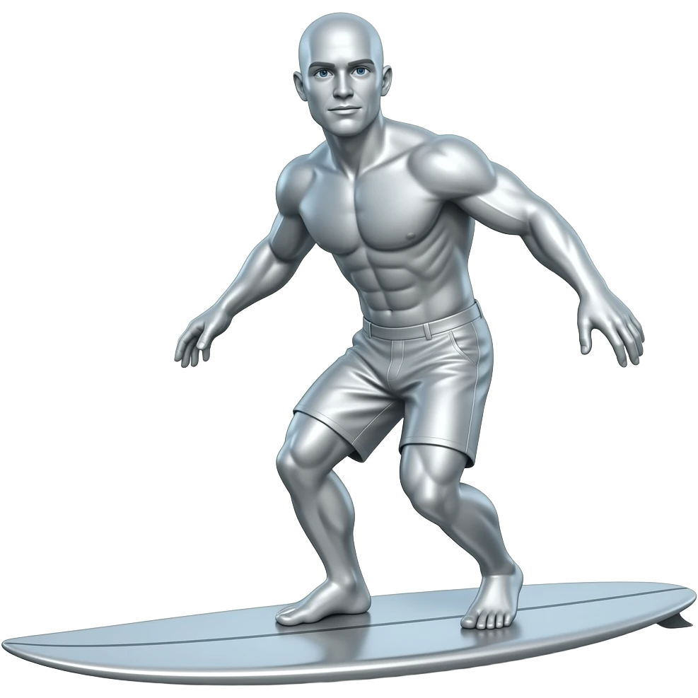 Completely silver bald man on silver surf board emoji