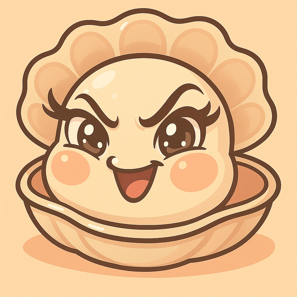 Enhance the contrasts of the image further while maintaining the very mischievous expression, very expressive and luminous eyes, elegant eyelashes, and the pastel toon style. Accentuate the pastel, pearly, cream, peach, and greige nuances strongly. Keep the big shell, the small oyster, and the background as is. emoji