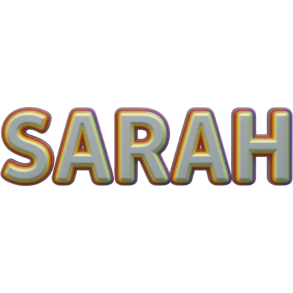name "sarah" in grey typography lettering, each color of the rainbow as a border outlined around each letter, isolated, 3d rendering, no emoji icons no emoji faces and must have no human figures emoji