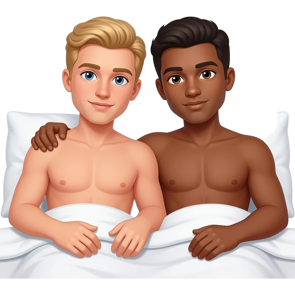 Make a gay couple on a Date , one has light Skin with Blond Hair and Blue Eyes, the other one has slightly brown skin witz dark Brown Hair and Brown Eyes. They are laying together in a Bed shirtless. emoji