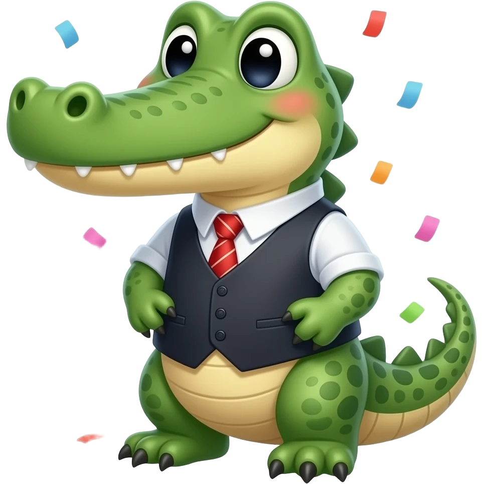 Cute alligator wearing a vest and tie with confetti emoji
