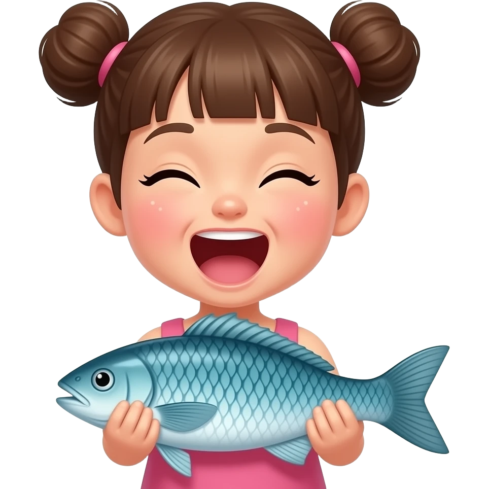a girl kid with circular pony tails screaming holding a fish emoji