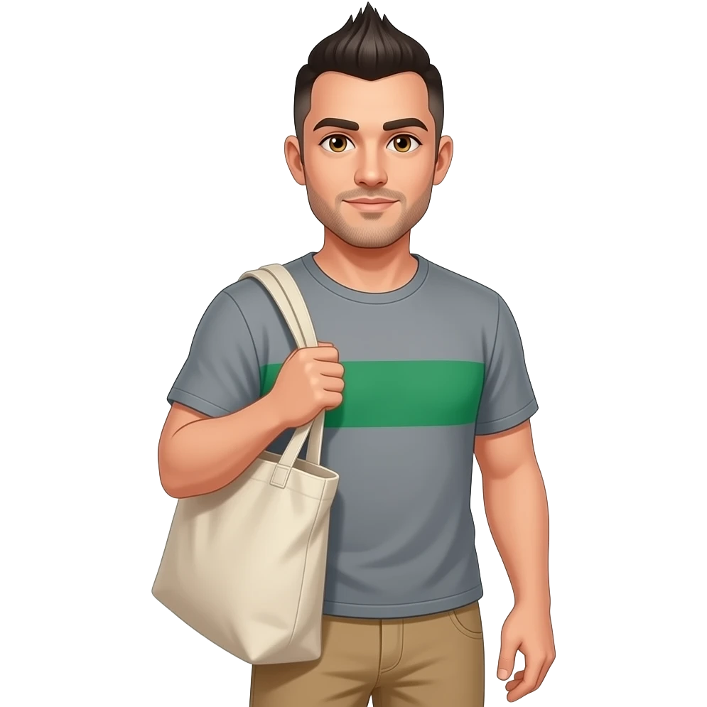 Un hombre de ojos color miel con café claro, con pantalón color beige, playera color gris con franja color verde a la altura del pecho, cabello color oscuro peinado hacia arriba tipo mohawk, cargando un costal en el hombro emoji