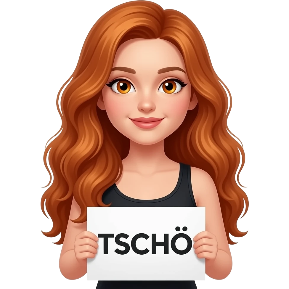 sexy girl with long wavy ginger hair and ginger eyes wearing a black tanktop is holding a white colored sign with TSCHÖ written on it emoji