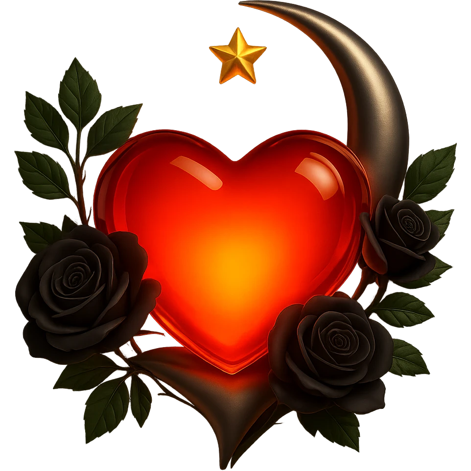 Add a glowing effect to the red glass heart, keep the silver crescent moon and black roses embellishing the heart, rich and elegant, in a 3D emoji-inspired style. Remove the background. emoji