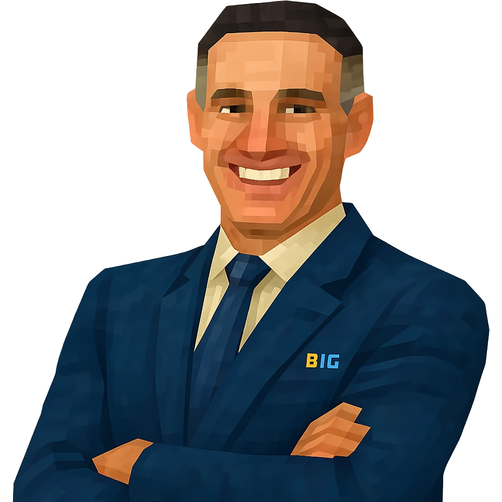Create a detailed, realistic 3D illustration of the person in the reference image, facing forward, from the waist up, wearing a blue suit with a blue tie and no pocket square, on a transparent background. emoji