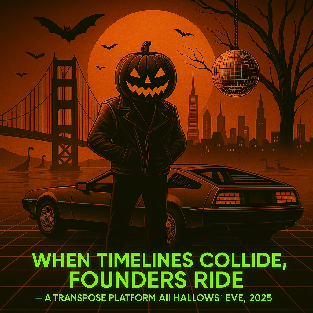 Add the words below the DeLorean, make the words neon retro green, When Timelines collide, Founders ride — a Transpose Platform All Hallows’ Eve, 2025.  emoji