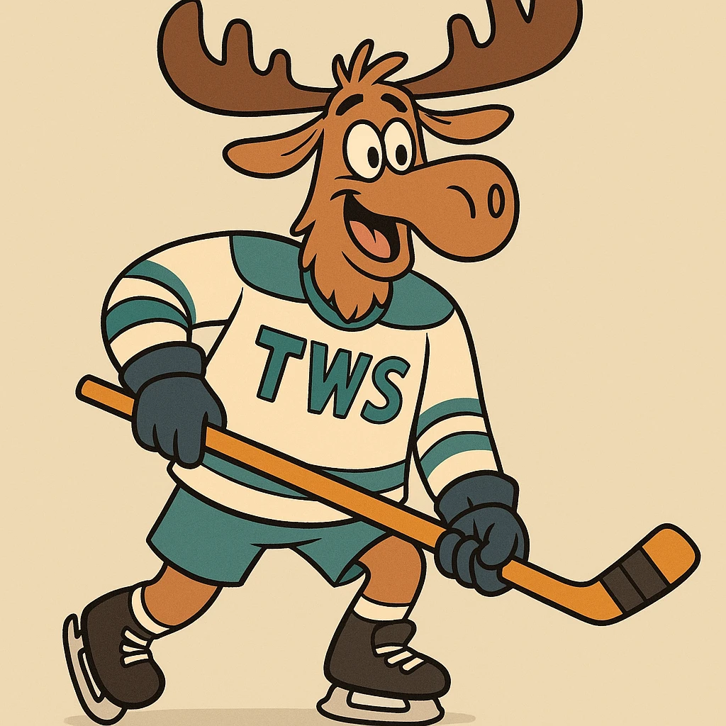 a playful cartoon style moose in a hockey jersey labeled 'TWS' emoji