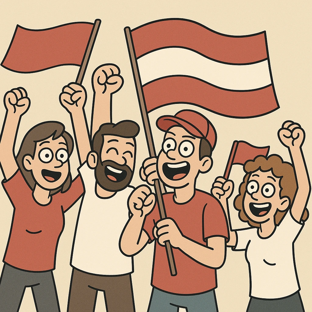 energetic cartoon style fans cheering with flags emoji