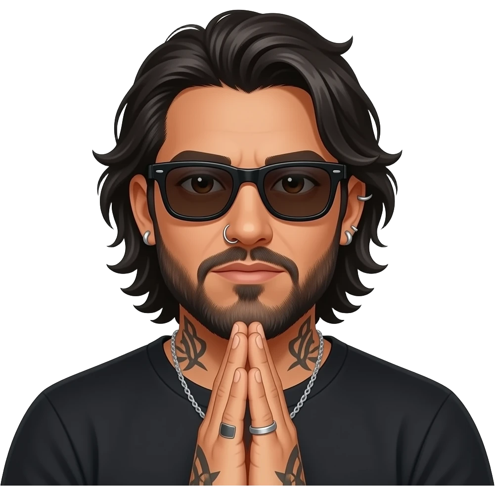 The handsome manly Latino podcast host with medium length hair, a long slightly graying beard and tattoos with his ears pierced 1 time each ear and a nose ring on the right side, dark brown eyes, wearing black, dark sunglasses, and jewelry, praying emoji