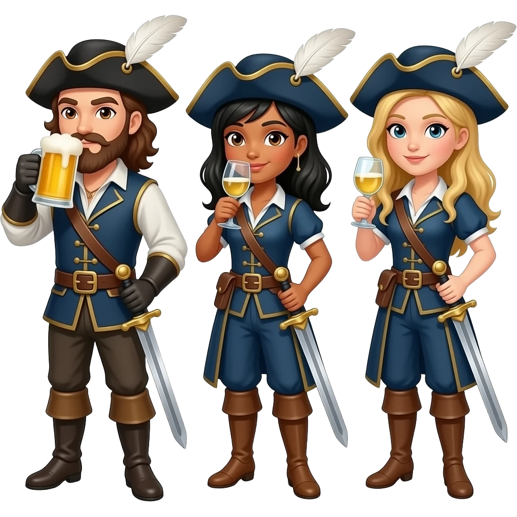 Three musketeers with swords and hats. One guy with brown hair, beard and brown eyes, one girl with black hair and tanned skin and one girl with blond hair. The guy is drinking beer and the girls white wine. emoji
