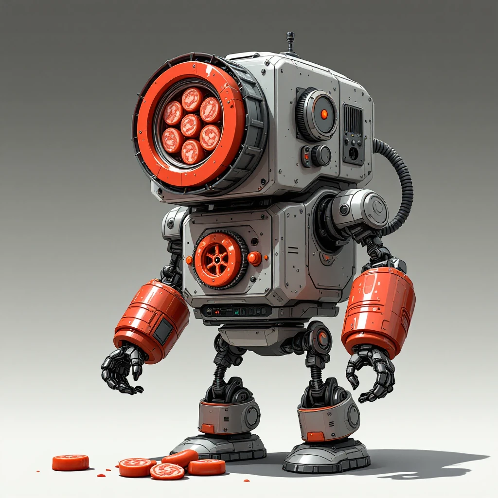 a robot that has a large meat grinder for a head. 2 arms that stuff meat into its spinning meat grinder gears. the meat is processed in the robot body and sausage links come out of the rear. The robot doesnt have legs it hovers.style is not lifelike. sticker or emoji style emoji