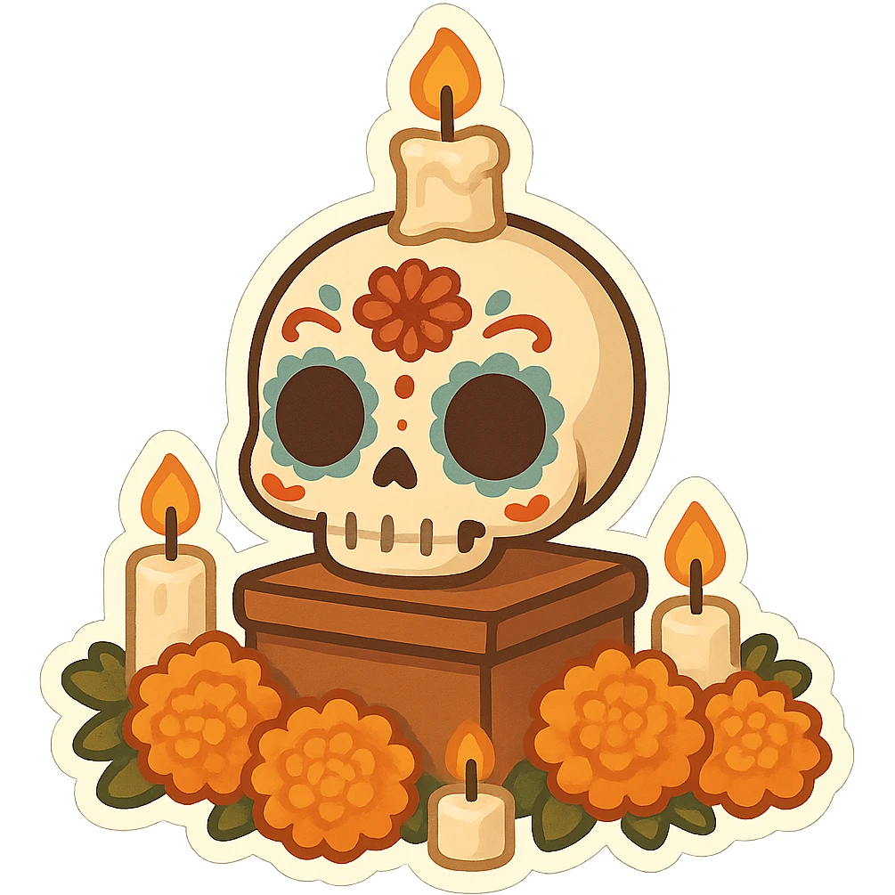 一个亡灵节的台子，台子周围是一些万寿菊和蜡烛，台子上面是一个带有亡灵节妆容的骷髅头，头顶上有一个蜡烛 emoji