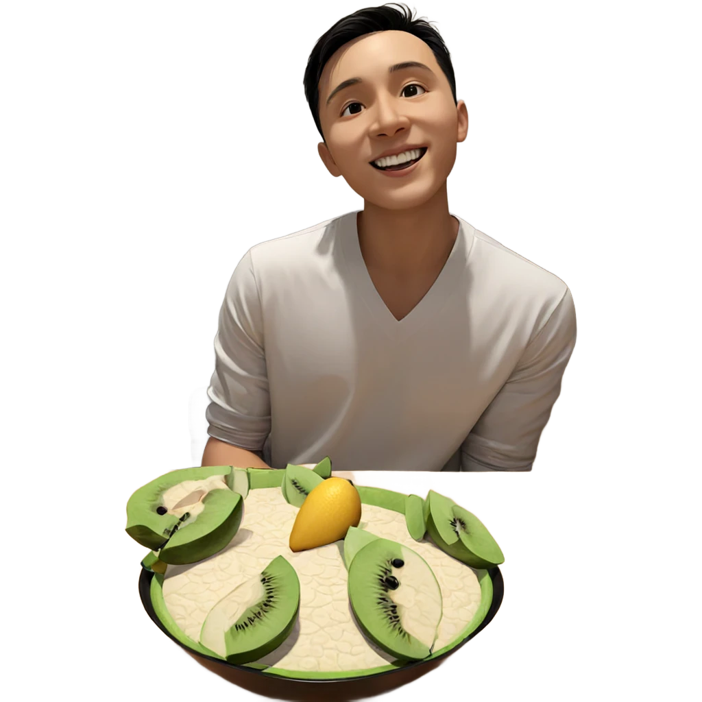 smiling boy with fruit cup emoji