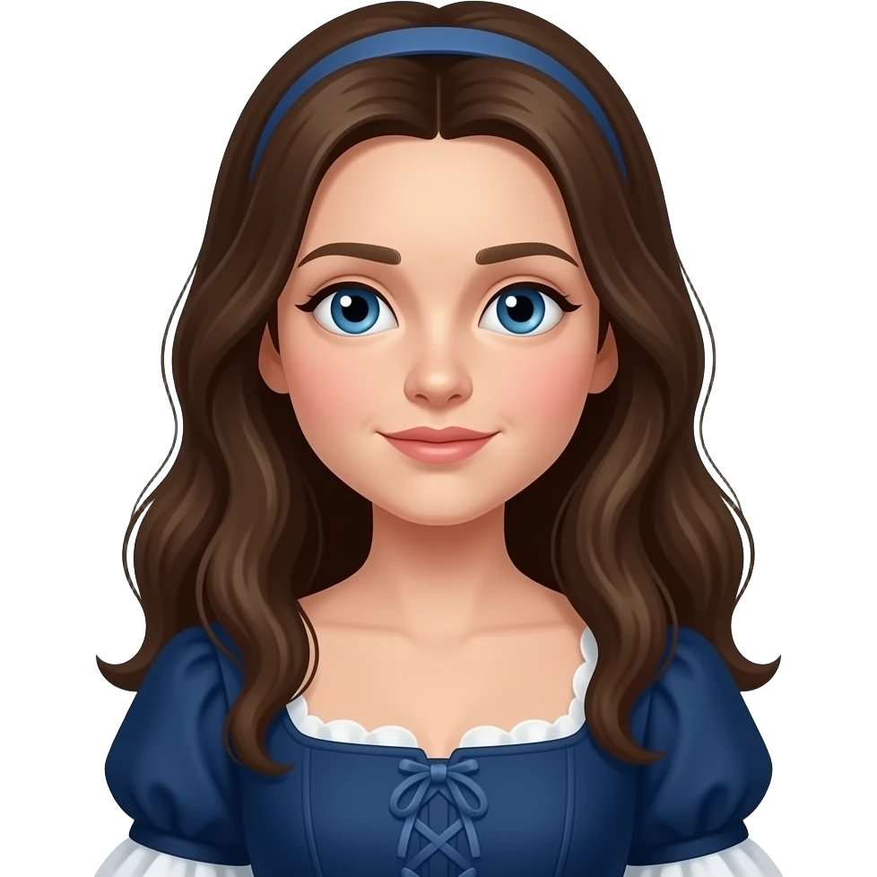 Cosette from Les Mis with blue eyes, long brunette hair, navy blue queen anne dress emoji
