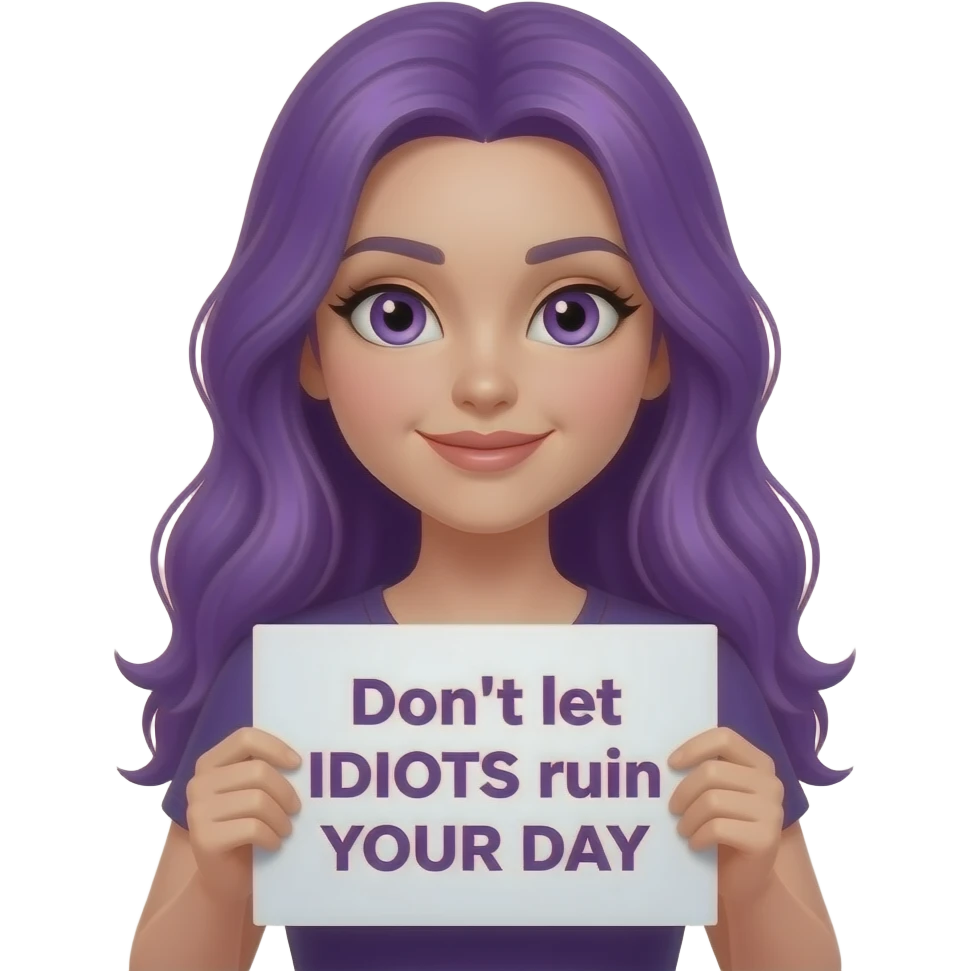 sexy girl with long purple hair and purple eyes holding Don't let IDIOTS ruin YOUR DAY sign emoji
