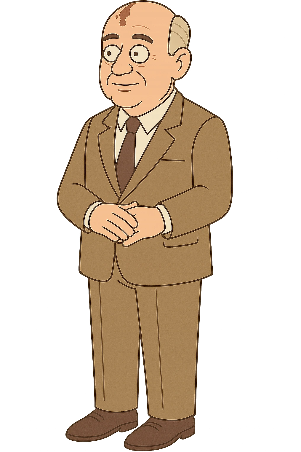 the full body of Soviet leader Mikhail Gorbachev looking calm and interested with his hands in in front of his body. He is wearing a 1980s light brown suit emoji