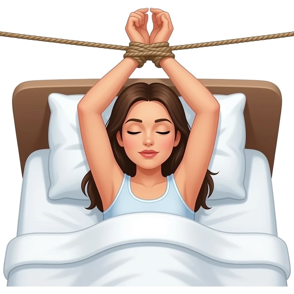 Femme allongée sur le dos dans un grand lit double avec les bras  attaché à la tête de lit emoji