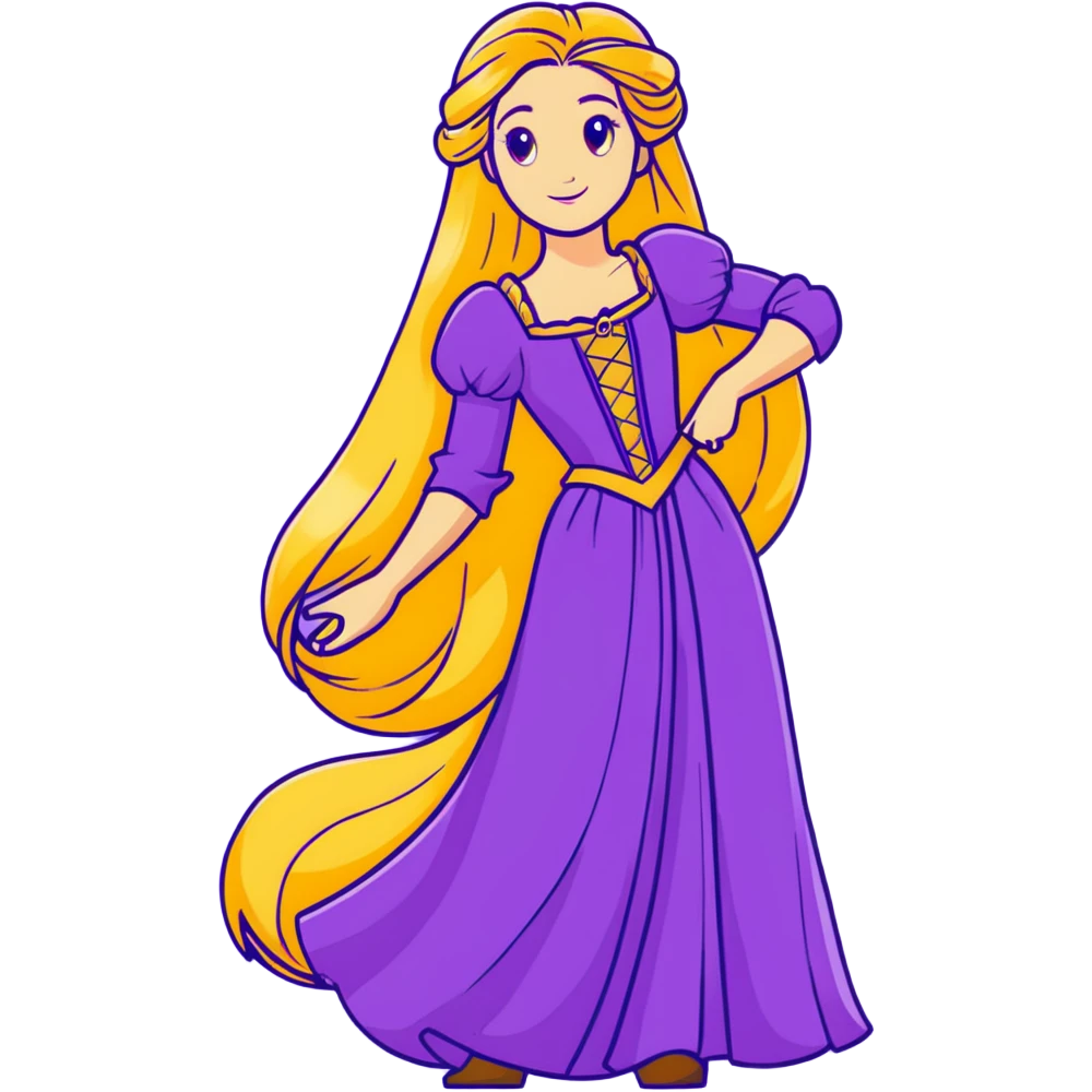 Disney Princess Rapunzel with extremely long golden blonde hair and purple dress emoji