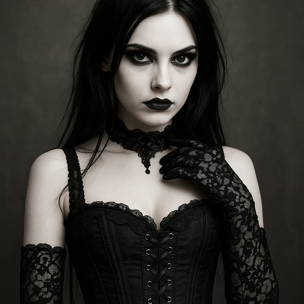 gothic girl, gothic style, corset, black lace gloves, pale skin, intense gaze emoji