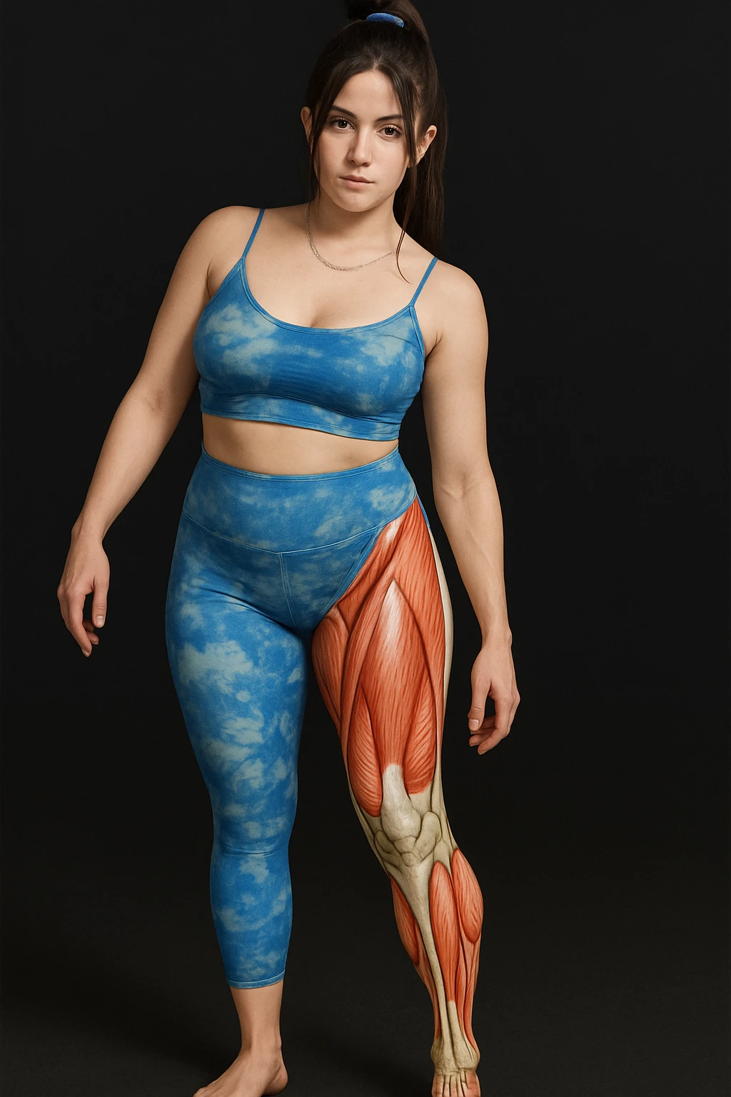 Create a realistic anatomical illustration inspired by the reference photo of the woman in the same pose. Highlight the right leg (her right, on the left side of the image) as the weight-bearing leg, showing anatomical details such as muscles and bones visible only on that leg. The rest of the body should remain realistic. Emphasize the anatomical structures of the right leg clearly with a realistic style. emoji