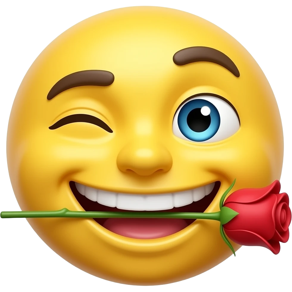 yellow perfectly round classic emoji face with a flirtatious smirk, wide toothy grin, one eyebrow raised, half-closed blue eyes. Holding a red rose with green stem in its mouth. Smooth shiny 3D cartoon style, high detail, white or transparent background. emoji