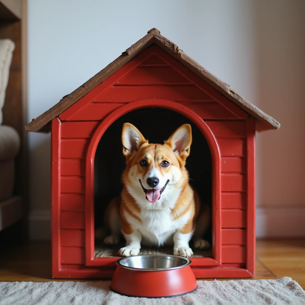 realistic red dog house with a Corgi dog inside, Corgi with a water bowl, photorealistic style emoji