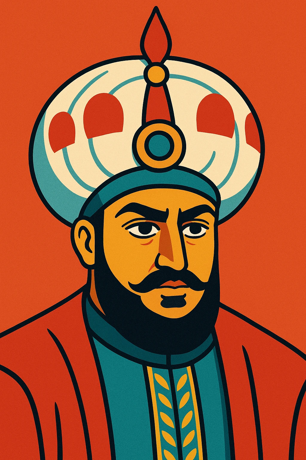 Sultan Murad IV, stylized headshot, Ottoman royal attire, decorative turban, contemporary art style emoji