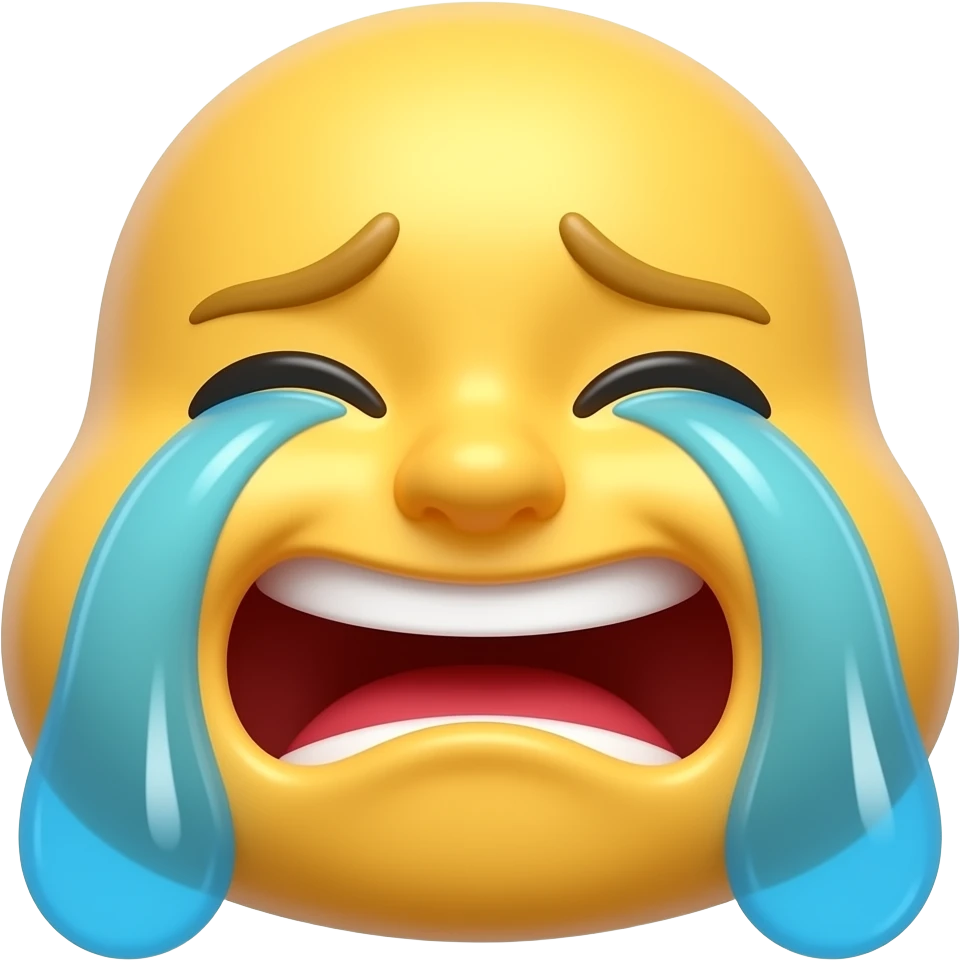 A funny 3D emoji sticker with an exaggerated crying-laughing face, huge tears, wide smile, viral meme reaction style, glossy yellow emoji, clean transparent background, soft shadow, high quality, no text, no watermark emoji