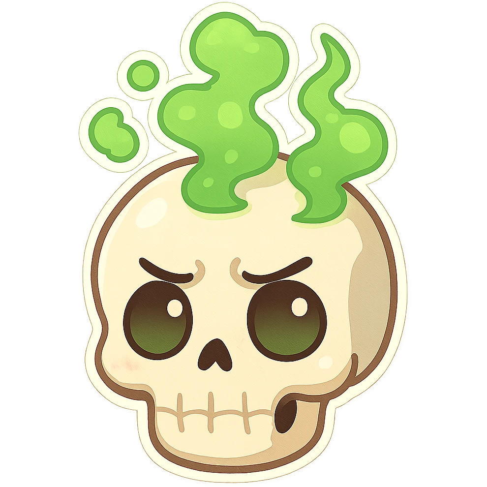 toxic agency emoji, skull with green smoke, cartoon style, vibrant colors, cute and expressive emoji