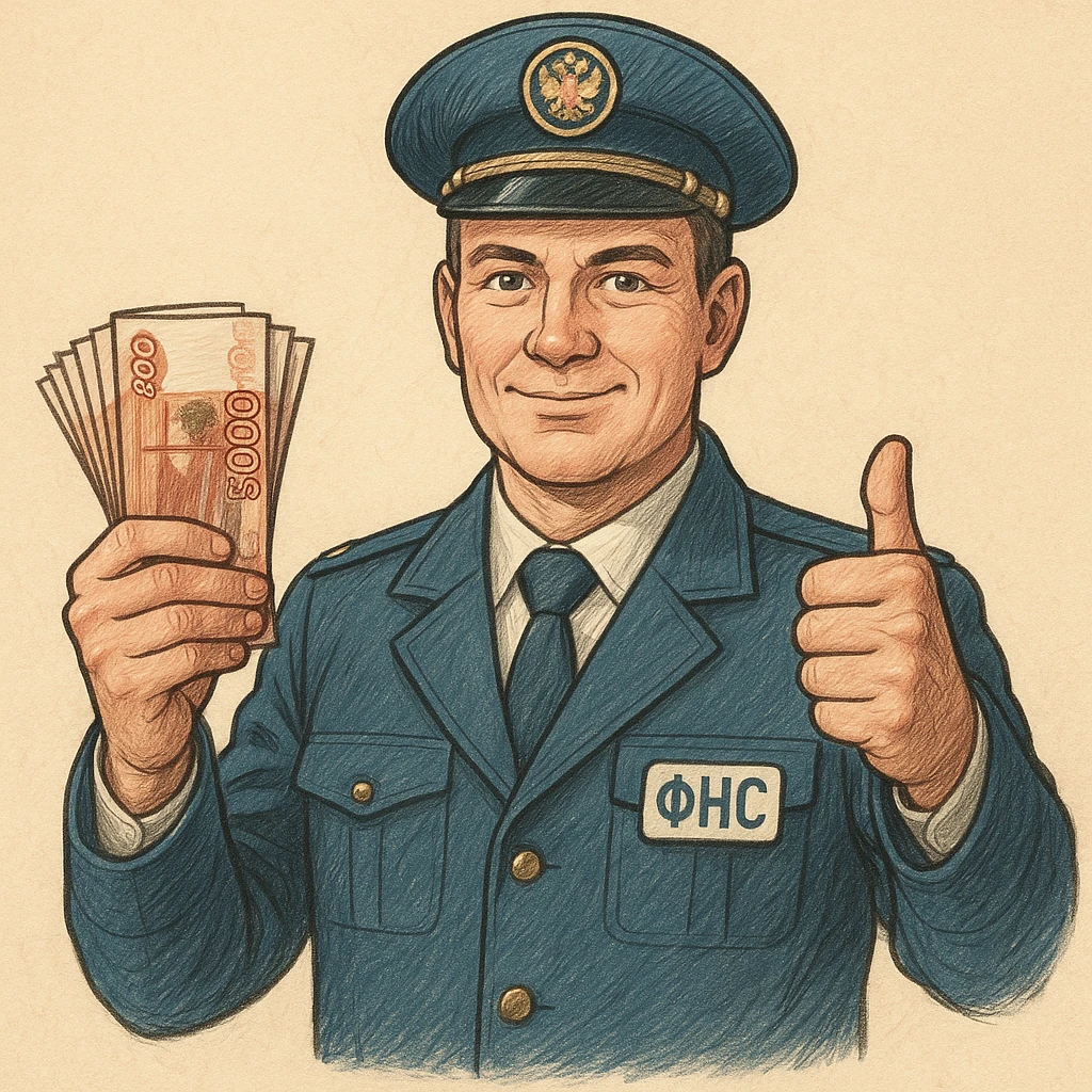 В слегка рисованном, но при этом объемном стиле инспектор ФНС держит пачку 5000 тысячных купюр, другой показывает класс и смотрит ровно на зрителя emoji