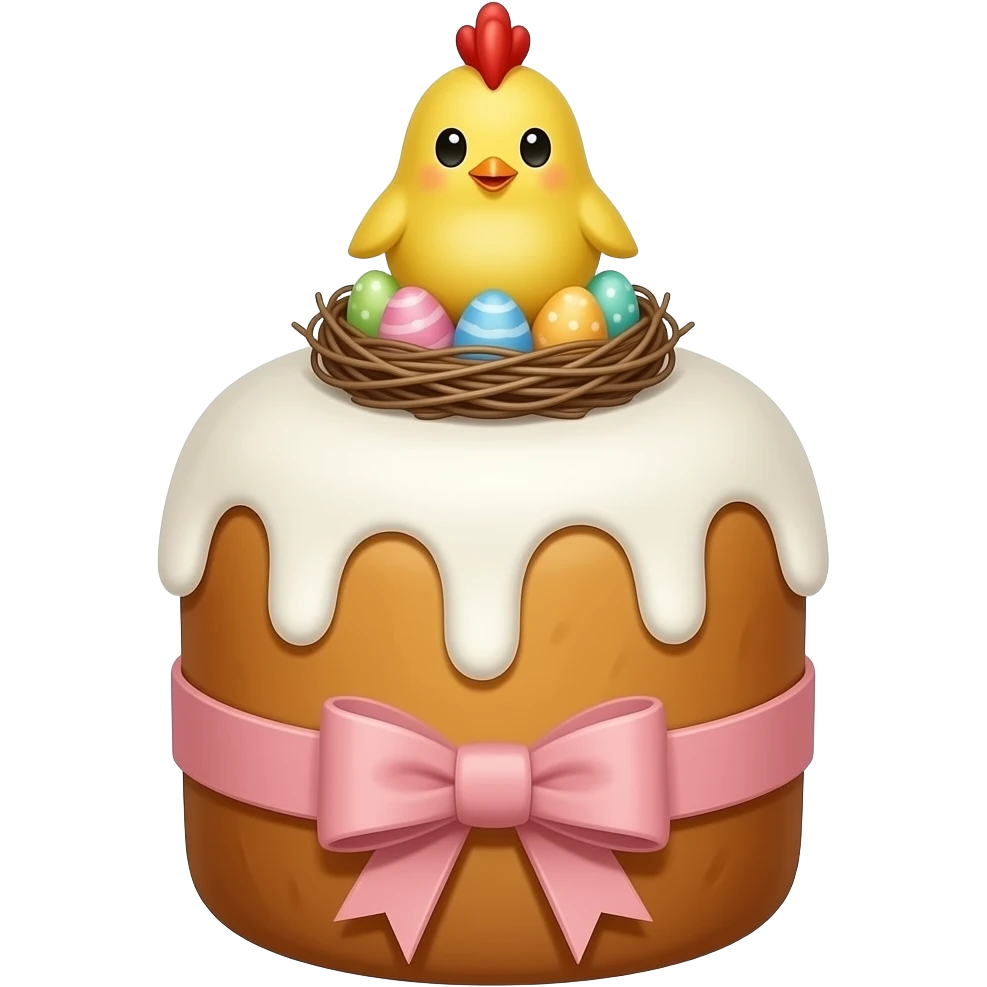 панеттоне золотистого цвета, высокий, с белой глазурью, с ленточкой вокруг светло розового цвета и украшением сверху в виде гнездышка с очень мелкими  яичками пастельных, желтым пушистым птенчиком с красным гребешком emoji